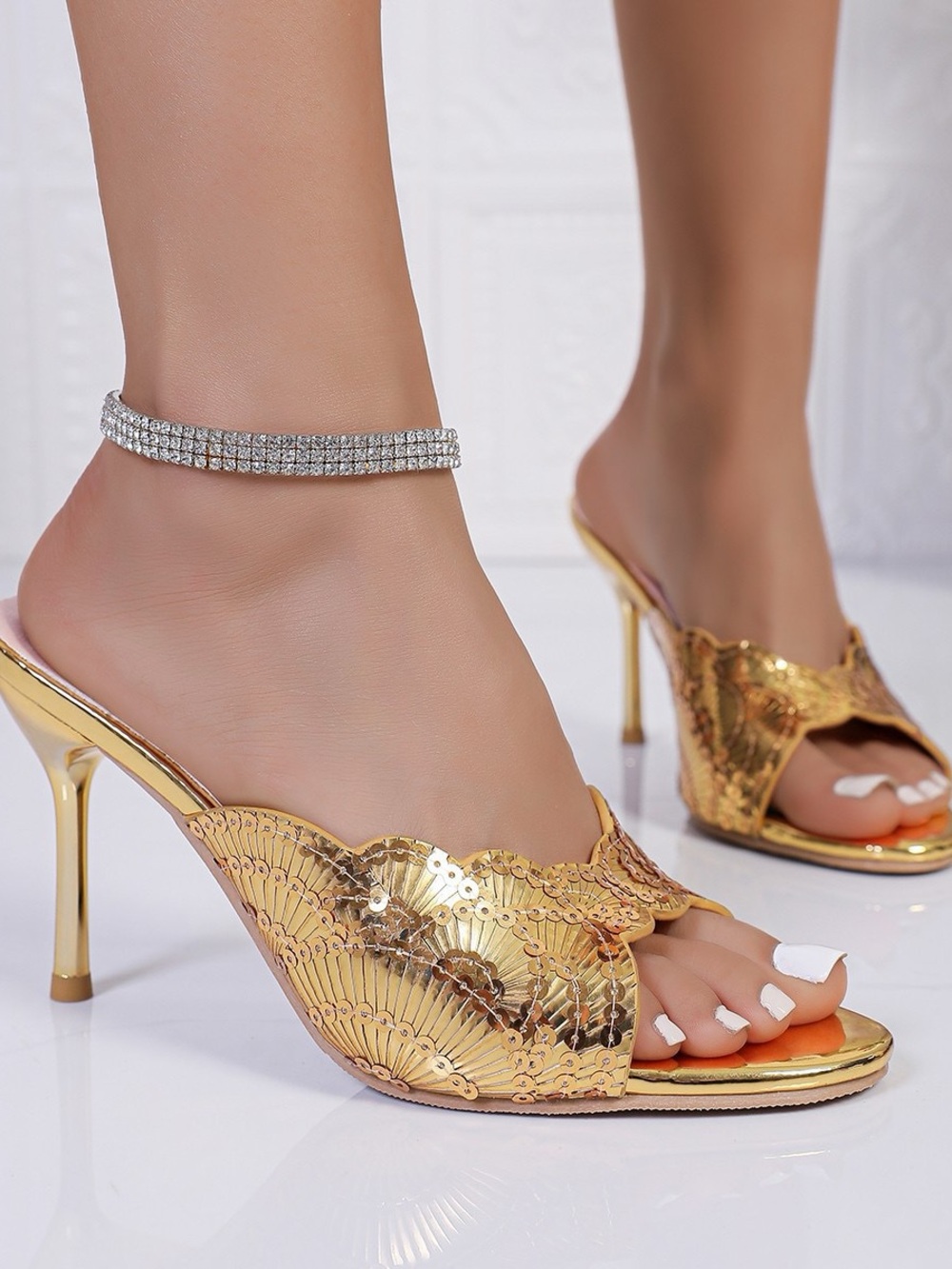 Gold Scalloped High Heel Mule Sandals for Women